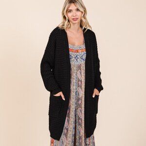 Black Open Front Long Sleeve Longline Cardigan